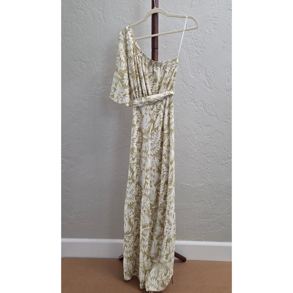 J205. One-Shoulder Tropical Floral Print Wide-Leg Jumpsuit‎ with Waist Tie Belt - Picture 3 of 4
